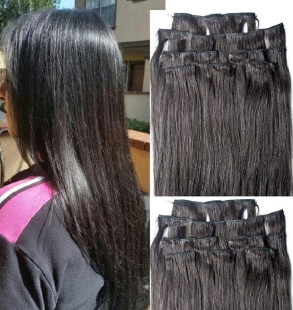 18",20",24" 100% Clip in Human Hair Extensions 7Pcs,14 clips # 1B Off Black - Image 2