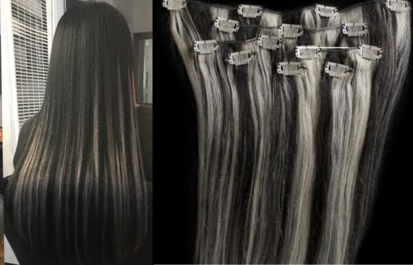 18",20",24" 100% Highlighted Clip in Human Hair Extensions 7Pcs,14 clips #1B/613 Off Black mixed with Platinum Blonde - Image 2