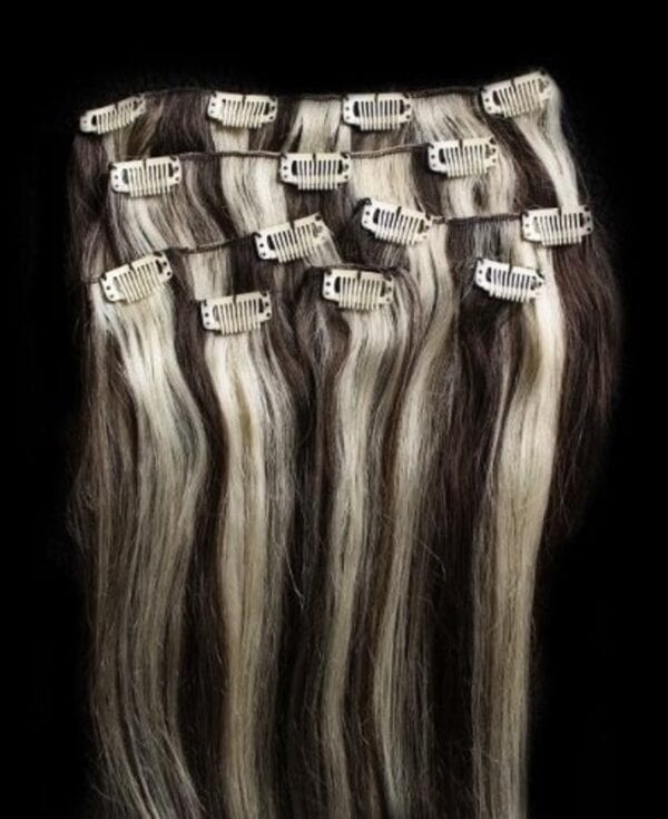 18",20",24" 100% Highlighted Clip in Human Hair Extensions 7Pcs,14 clips #2/613 Darkest Brown mixed with Platinum Blonde - Image 5