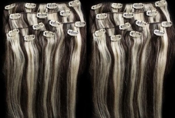 18",20",24" 100% Highlighted Clip in Human Hair Extensions 7Pcs,14 clips #2/613 Darkest Brown mixed with Platinum Blonde - Image 4