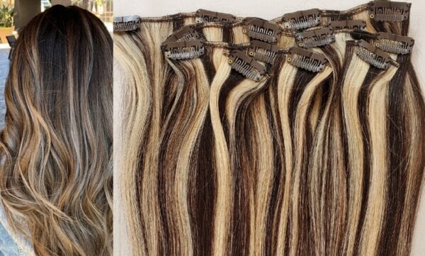 18",20",24" 100% Highlighted Clip in Human Hair Extensions 7Pcs,14 clips #4/613 Dark Brown mixed with Platinum Blonde - Image 2