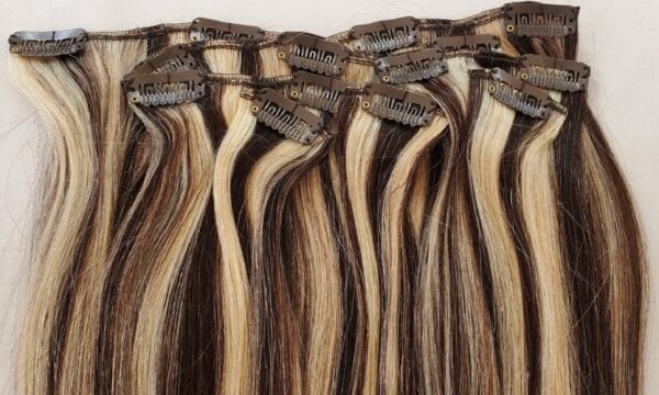 18",20",24" 100% Highlighted Clip in Human Hair Extensions 7Pcs,14 clips #4/613 Dark Brown mixed with Platinum Blonde - Image 4