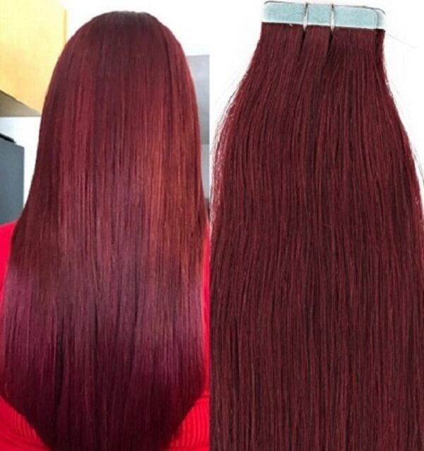 18", 20" 100grs, 40pcs, 100% Human Tape In Hair Extensions #99J Burgundy Red Wine - Image 2