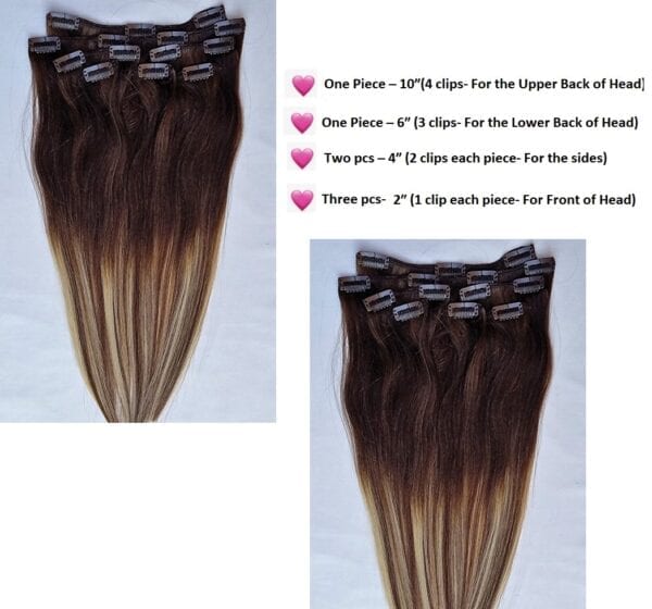 18",20",24" 100% Ombre BALAYAGE Clip in Human Hair Extensions 7Pcs,14 clips # T2-6/613 - Image 3