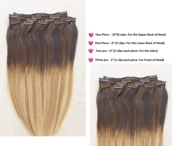 18",20",24" 100% Ombre BALAYAGE Clip in Human Hair Extensions 7Pcs,14 clips # T2-18/613 - Image 5