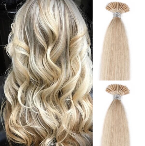 18",22" 100 grams,125 strands ,I Tip (Stick Tip) Beaded Fusion Pre Bonded Remy Human Hair Extensions #60 White Blonde (Slightly Golden) - Image 2