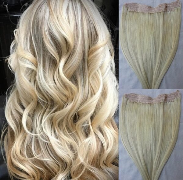 18" 20" One Piece Human Hair Extensions, Hairband with an adjustable invisible wire Fishing String #60 White Blonde (Slightly Golden) - Image 2