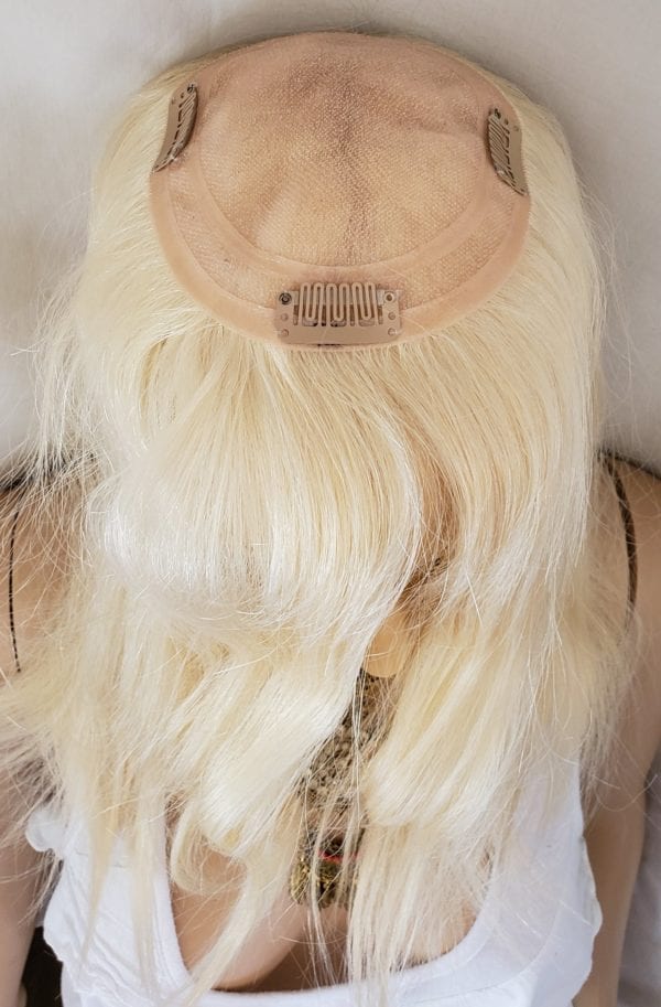 16″ Human Hair Topper, Clip in Hair Piece for Women, 5.5″x6″ Mono Crown #613 Platinum Blonde - Image 6