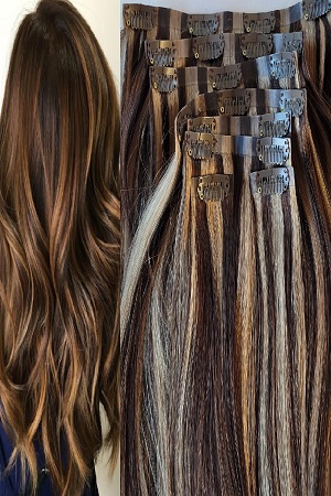 Brown Human Hair Extensions With Strawberry Blonde Highlights