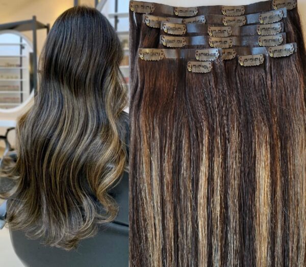 16" Seamless Clip in 100% Human Hair Extensions,140 grams, 8Pcs,20 clips #B1C/7 Mochaccino Brown mixed with Dark Ash Blonde - Image 2