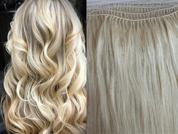 20" Feather Weft Hair,100 grams, 125 srands,100% Human Remy Hair Extensions #60 White Blonde (Slightly Golden) - Image 2